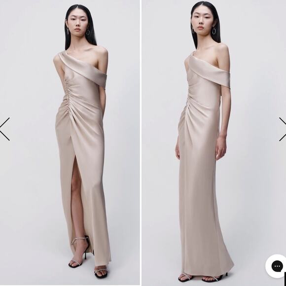NWT Jonathan Simkhai Sahar One Shoulder Satin Column Gown in Almond - Picture 3 of 5
